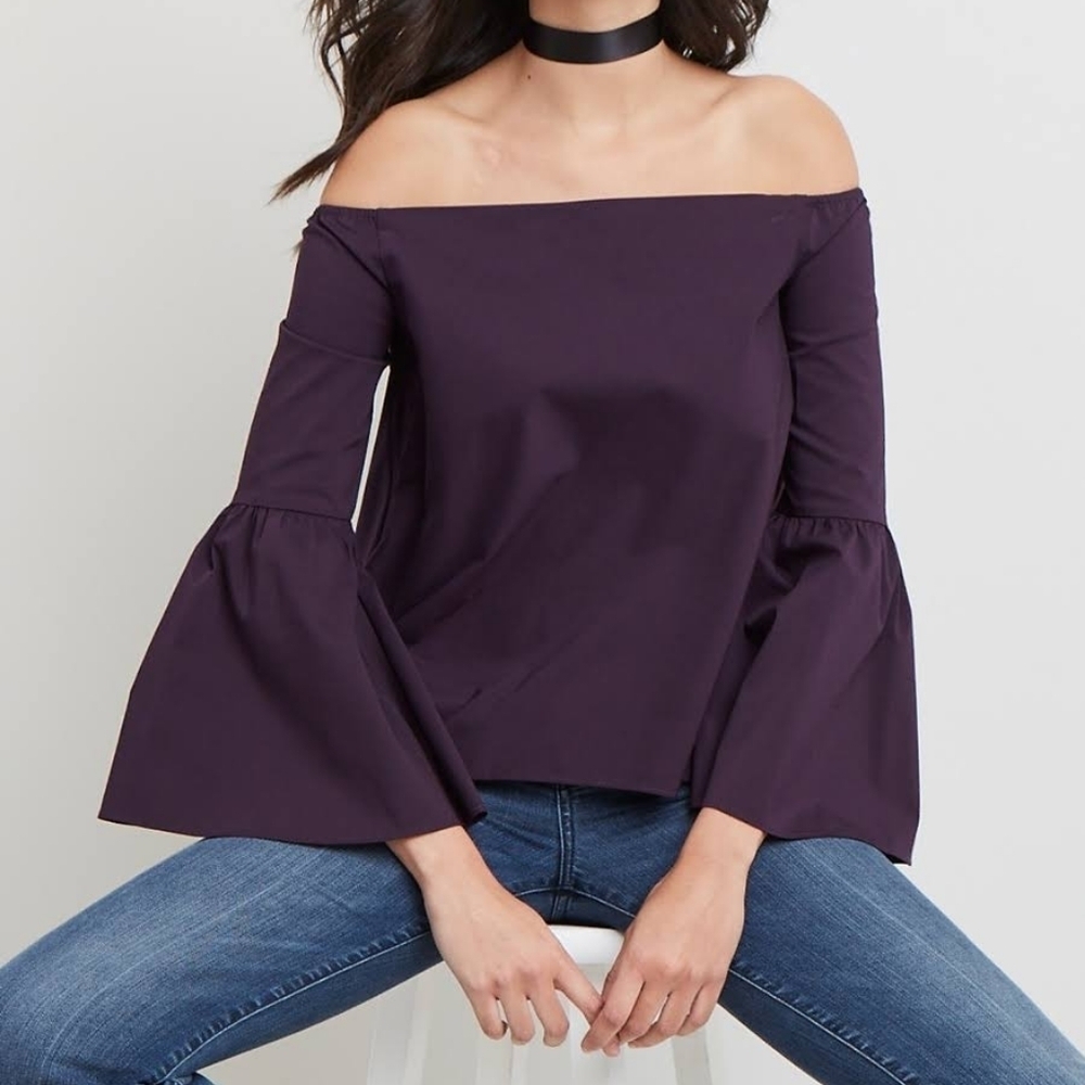 525 America Off Shoulder Flare Bell Sleeve Blouse Midnight Purple size XS